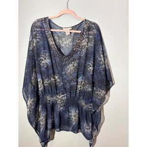 Covington Woman Blue Lace Paisley Studded Smocked Peplum Poncho Top 1X 16W 18W